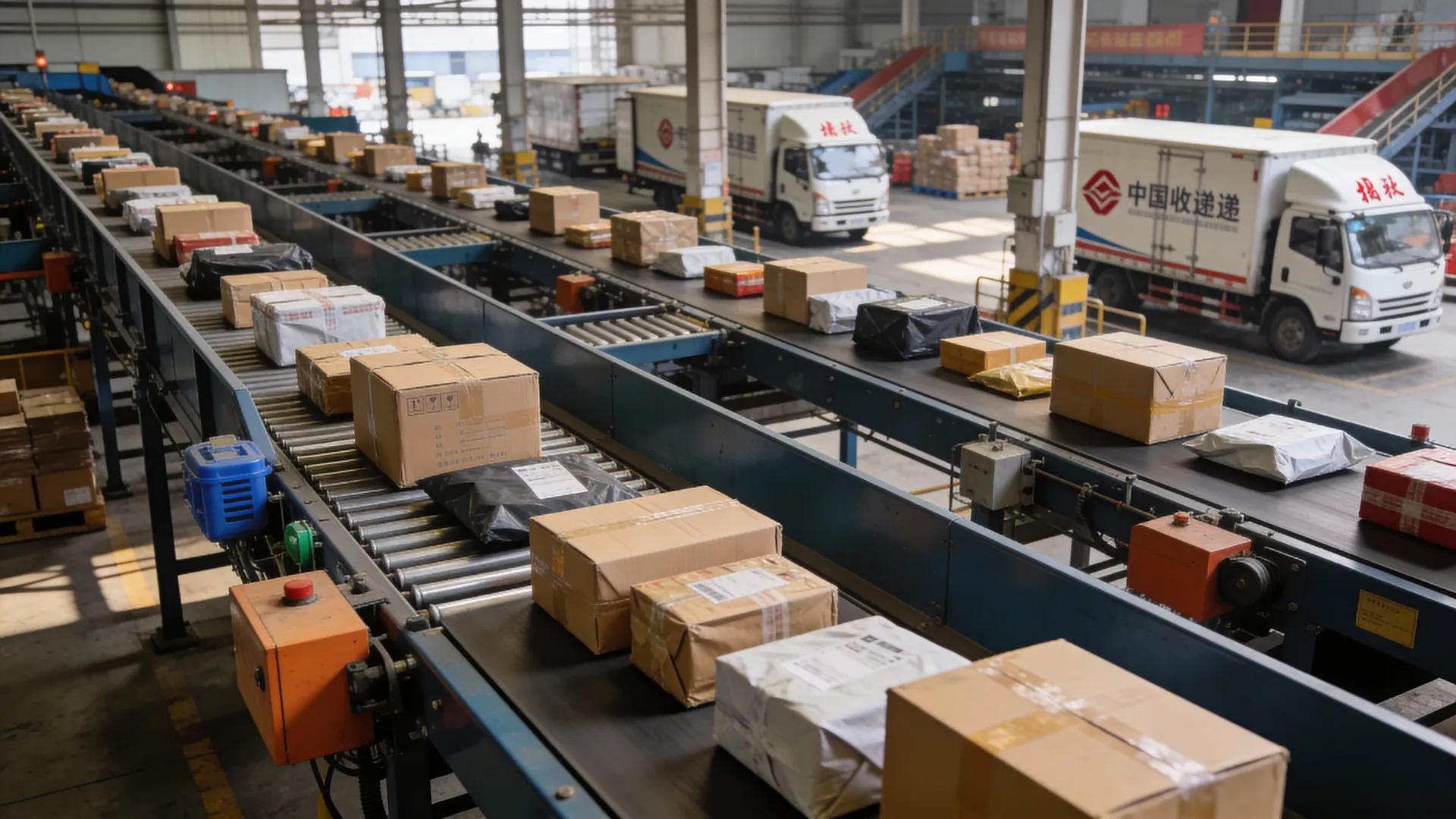 Small e-commerce parcels being processed at a customs sorting facility following the elimination of the US de minimis exemption for Chinese imports.